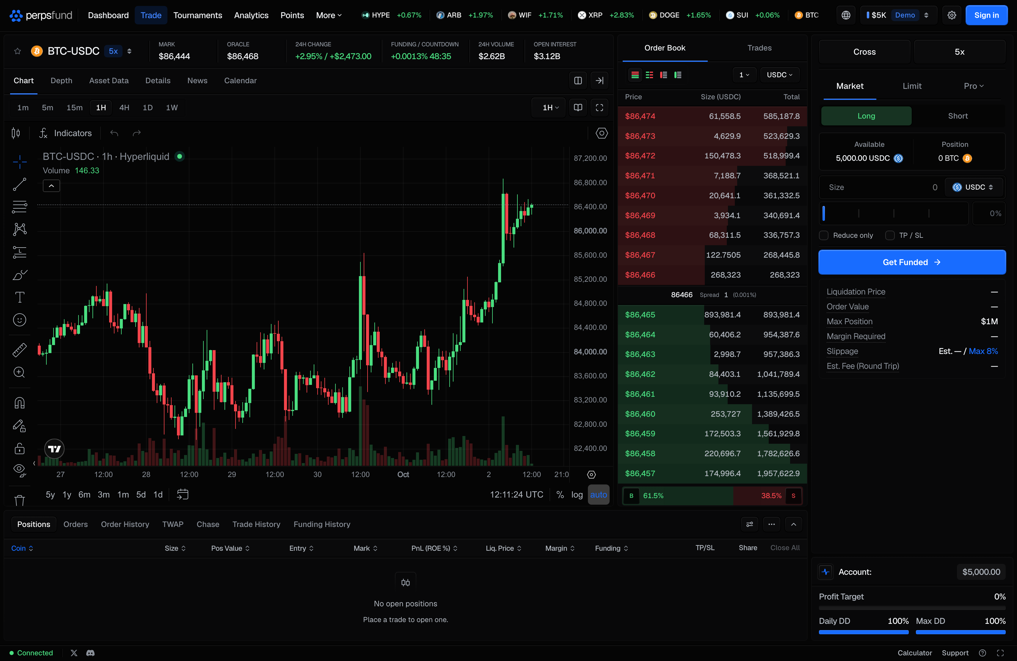 The terminal - the live chart, the order book, and the order ticket